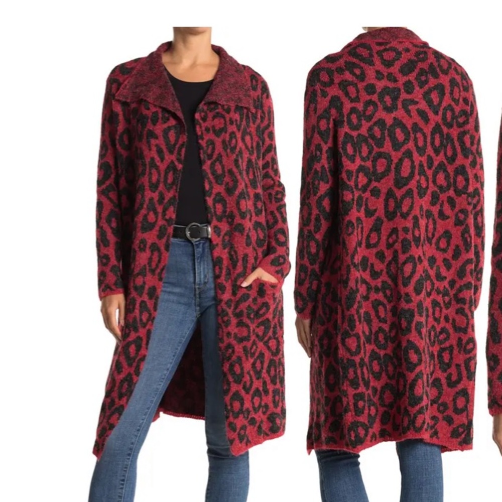 Red leopard knee length wrap sweater